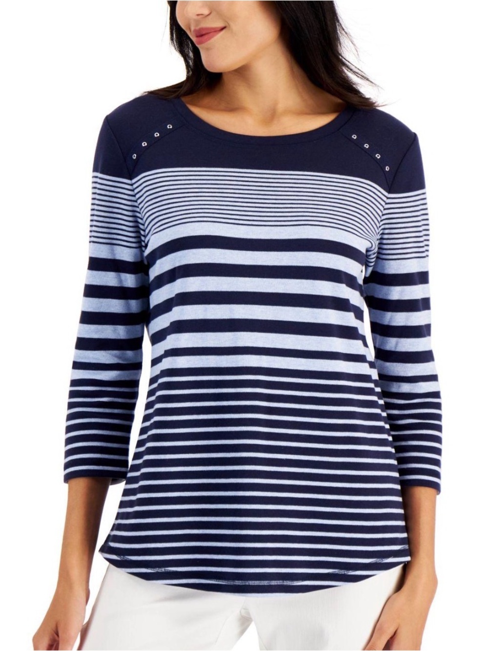 Karen Scott Sport Striped Navy and Light Blue Crewneck Grommet Detail Top XXL